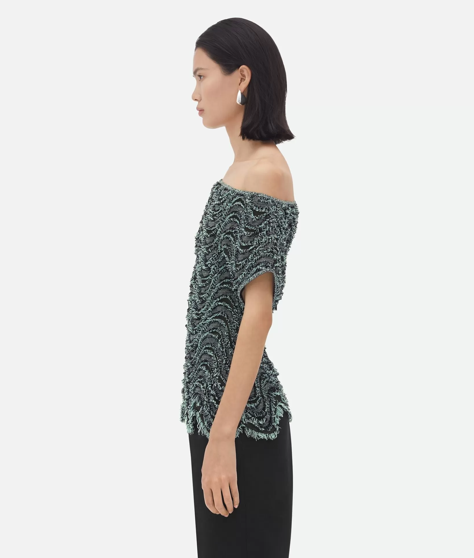 Tops And T-Shirts>Bottega Veneta Textured Viscose Top With Weaved Fringes Aquamarine/black