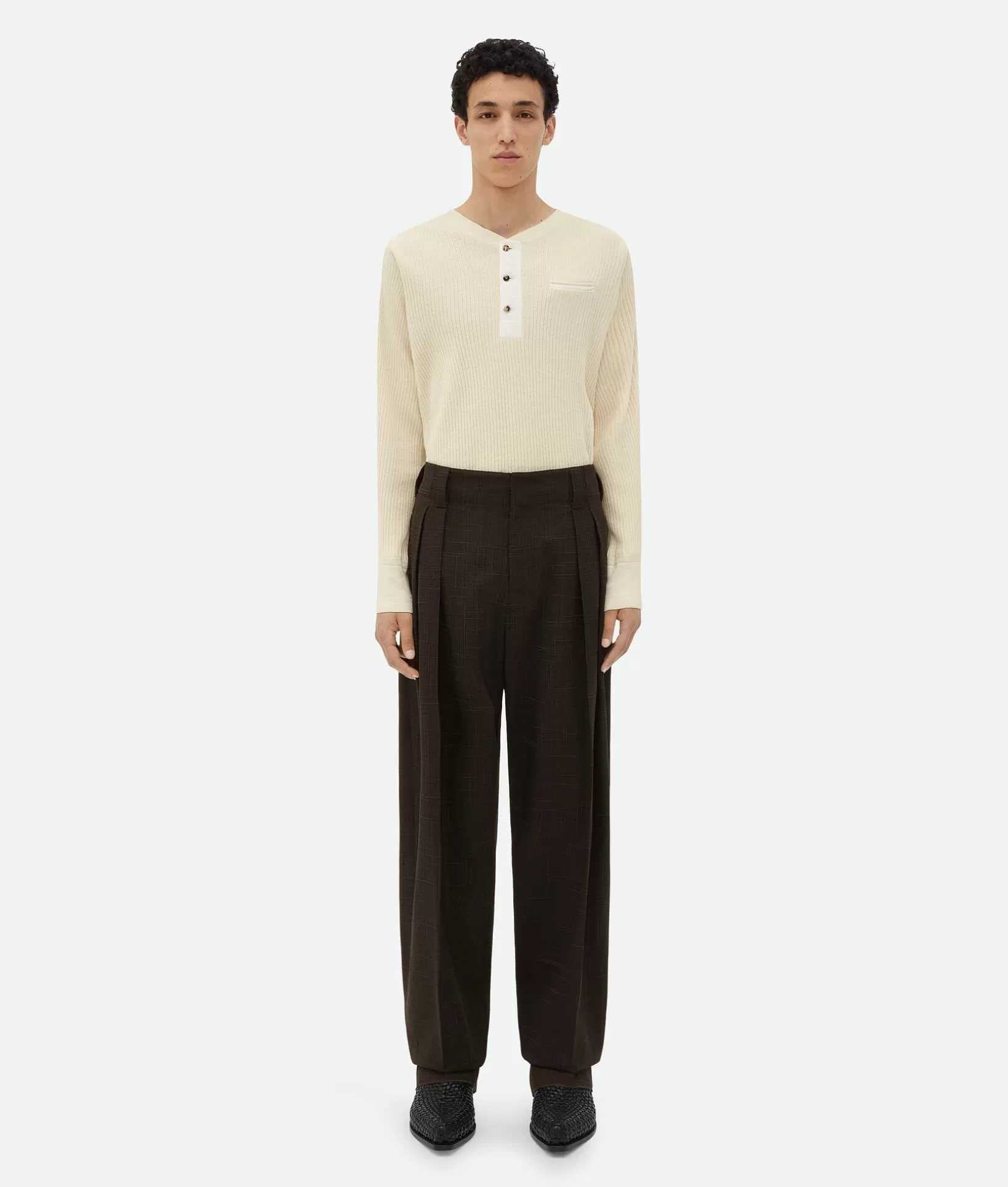 Trousers And Shorts>Bottega Veneta Viscose And Silk Criss-Cross Pleated Pants Fondant / Black melange