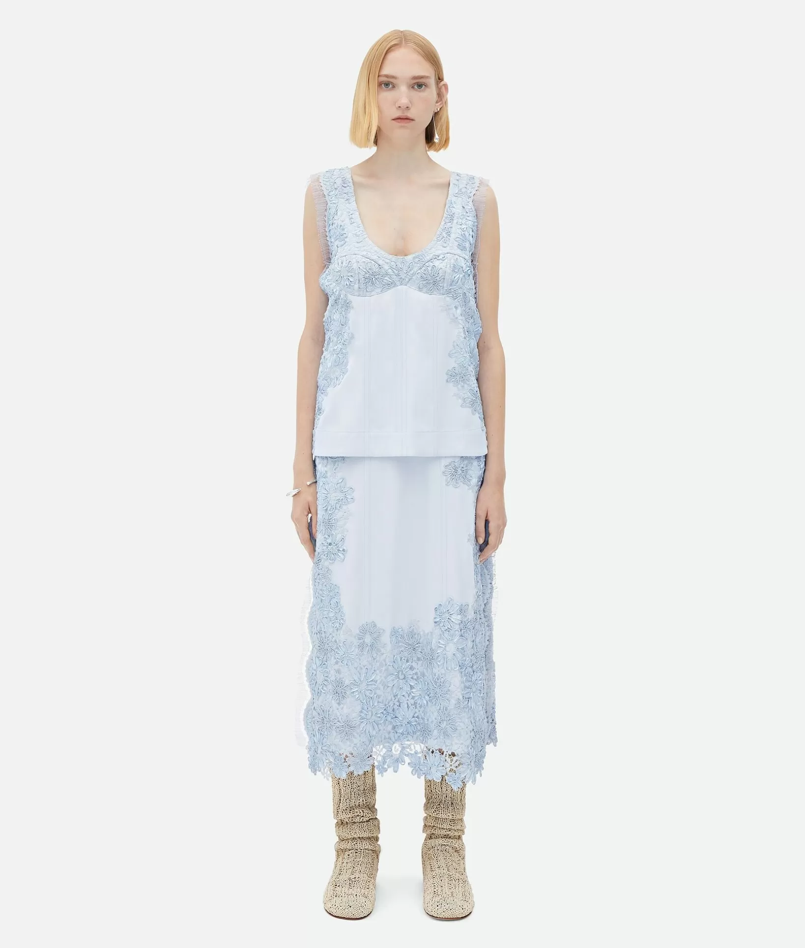 Dresses>Bottega Veneta Viscose Dress With Lace Embroidery Morning mist