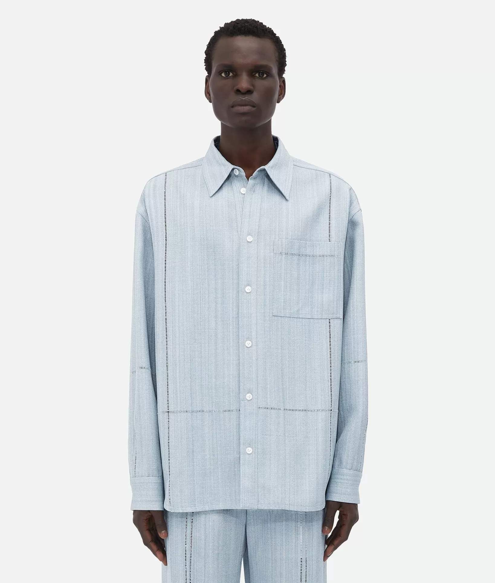 Shirts>Bottega Veneta Viscose Silk Shirt With Embroidered Detail River/cloud