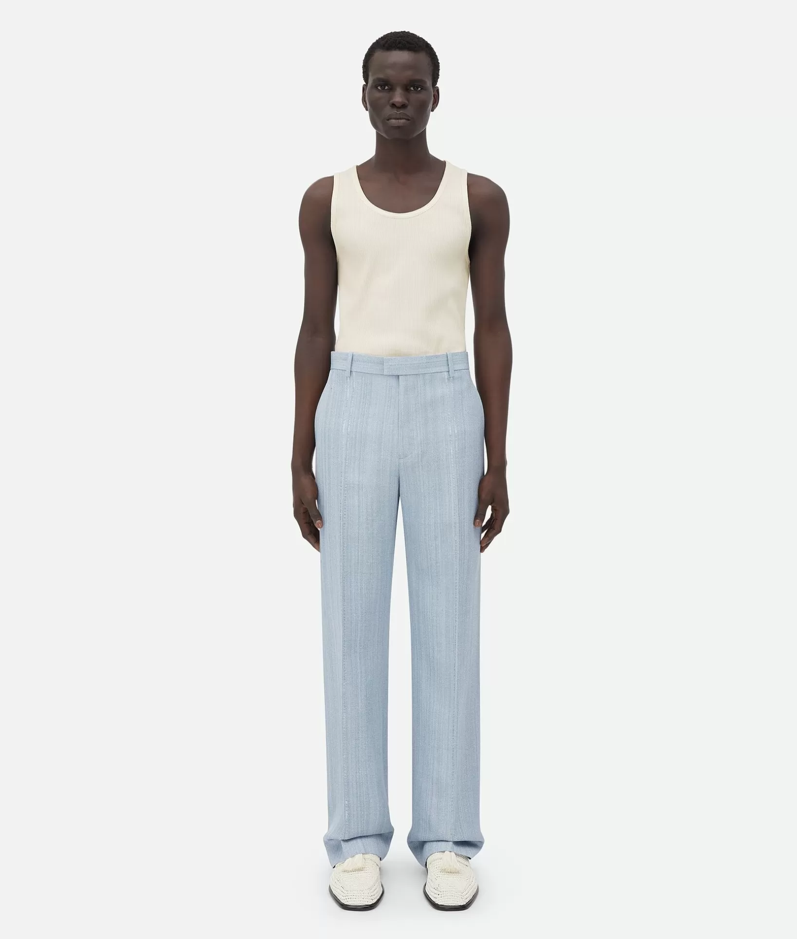 Trousers And Shorts>Bottega Veneta Viscose Silk Trousers With Embroidered Detail River/cloud