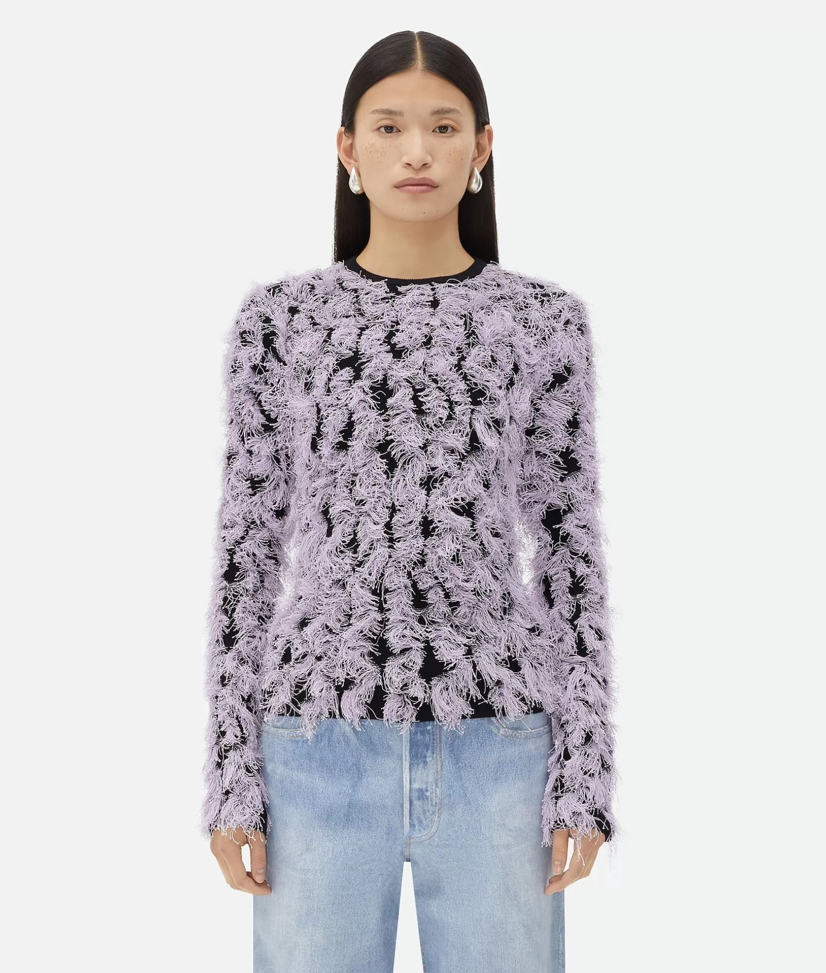 Knitwear>Bottega Veneta Wool Fringed Sweater Pale lilac/black