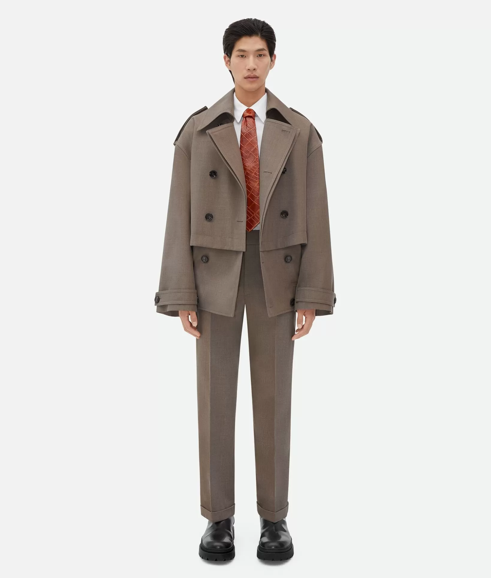 Coats>Bottega Veneta Wool Twill Trench Grey/ochre melange